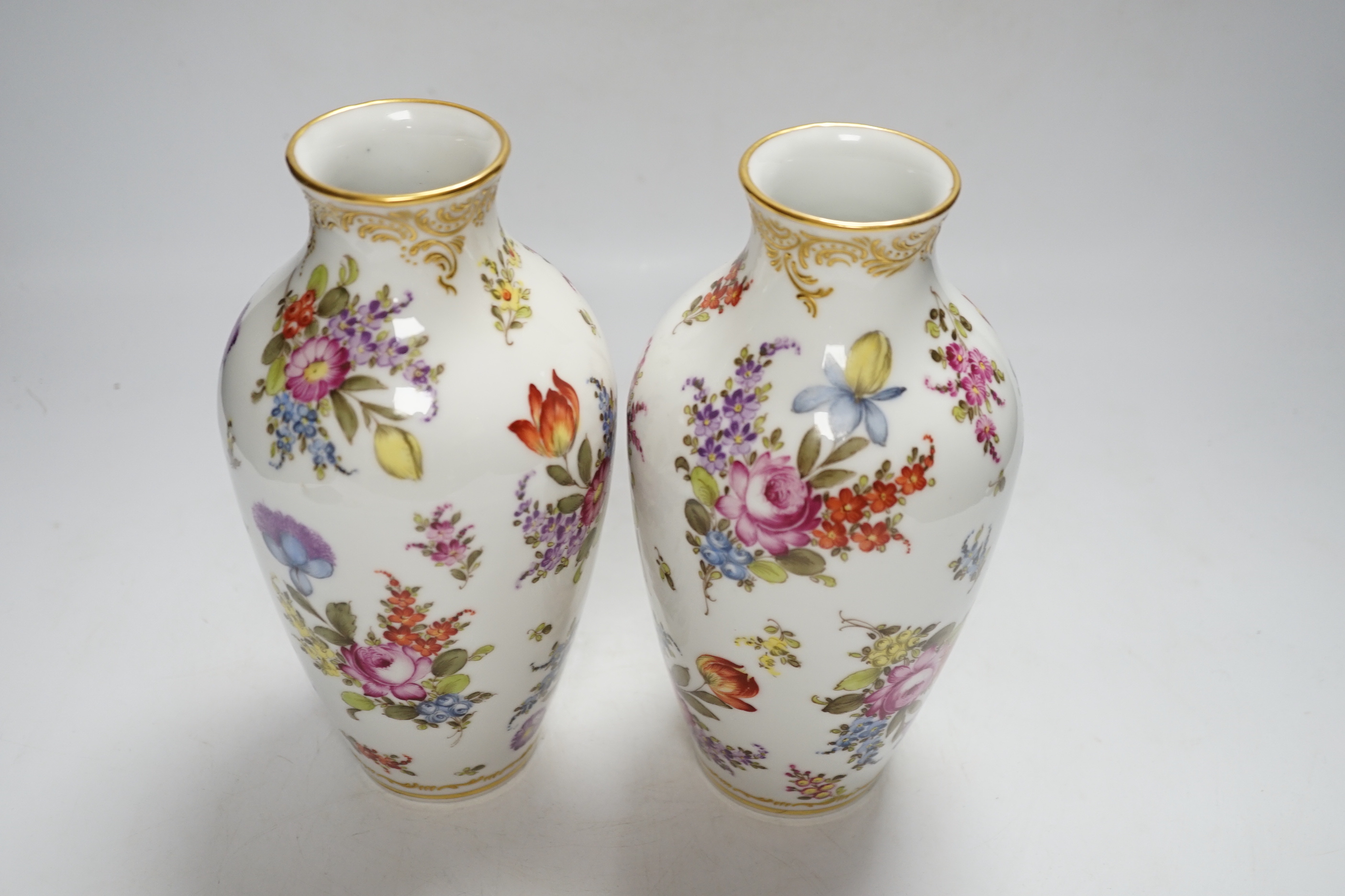 A pair of Dresden floral vases, painted with flowers, pseudo crossed swords marks, 22.5cm